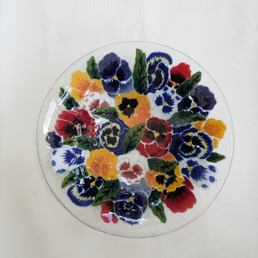 PEGGY KARR 11" PANSIES FUSED ART GLASS BOWL, SIGNED, RETIRED, 2000